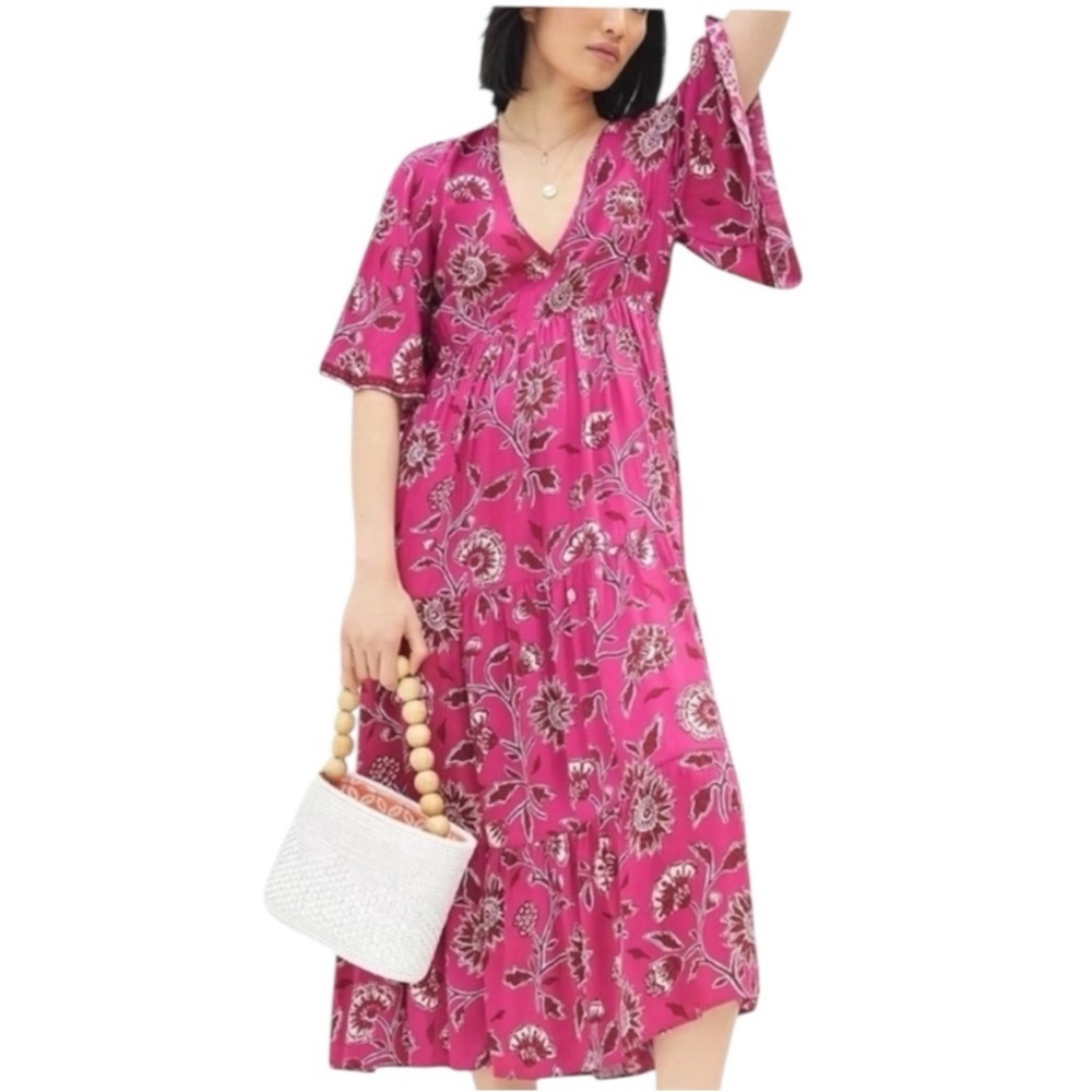 Anthropologie Omika Pia Caftan Boho Ethereal Beachy Maxi Dress Pink + Floral XS - Picture 2 of 14